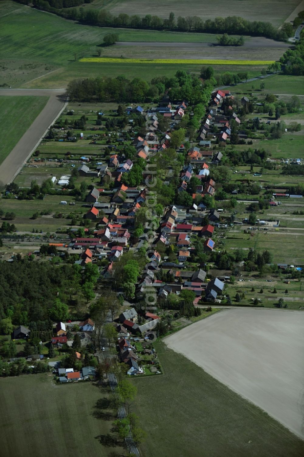 Philippsthal from above - Agricultural land and field borders surround the settlement area of the village in Philippsthal in the state Brandenburg, Germany