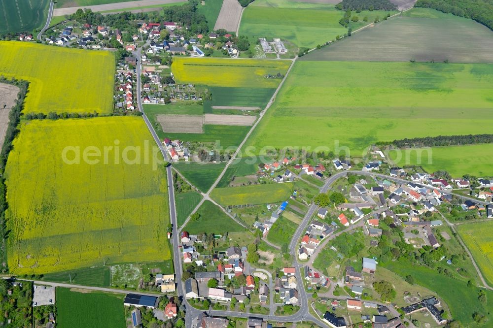 Aerial photograph Pressen - Agricultural land and field borders surround the settlement area of the village in Pressen in the state Saxony, Germany