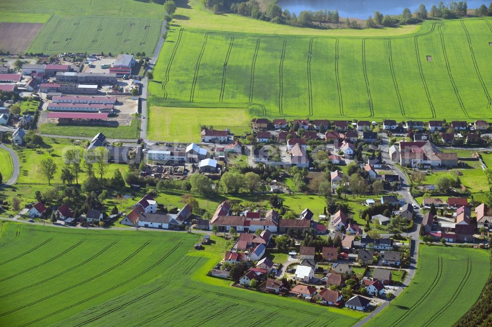 Welxande from above - Agricultural land and field borders surround the settlement area of the village in Welxande in the state Saxony, Germany