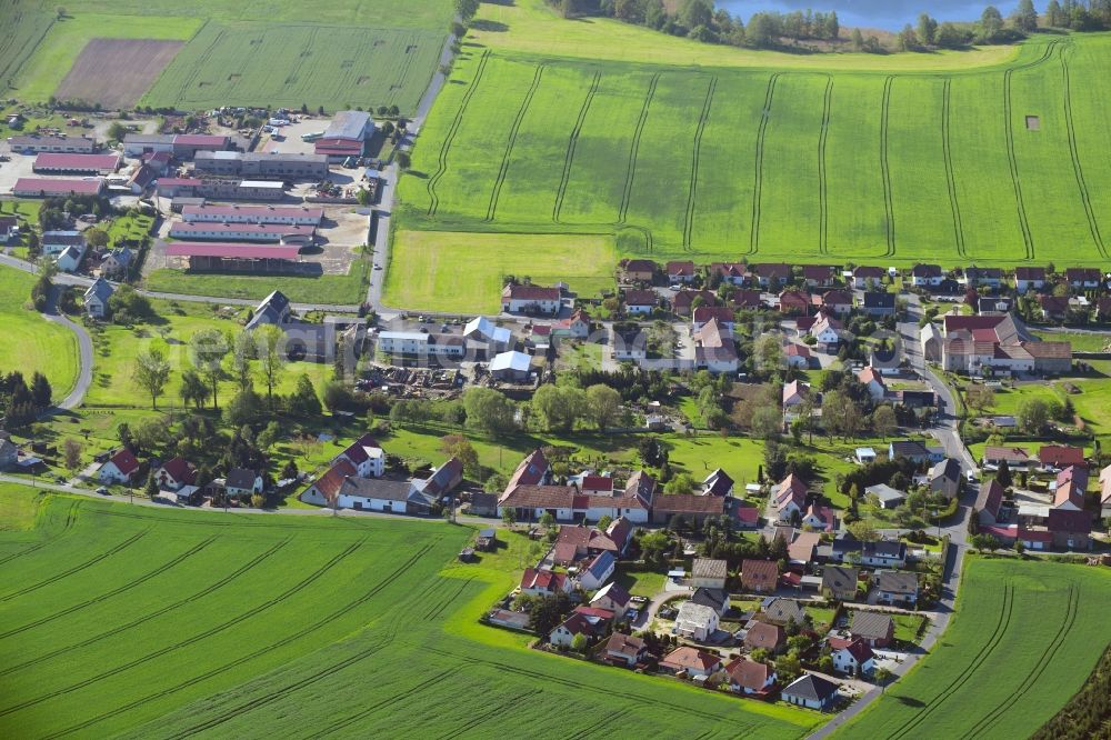 Welxande from the bird's eye view: Agricultural land and field borders surround the settlement area of the village in Welxande in the state Saxony, Germany