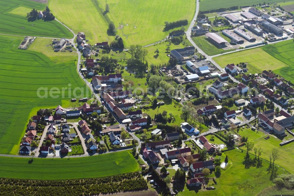 Welxande from the bird's eye view: Agricultural land and field borders surround the settlement area of the village in Welxande in the state Saxony, Germany