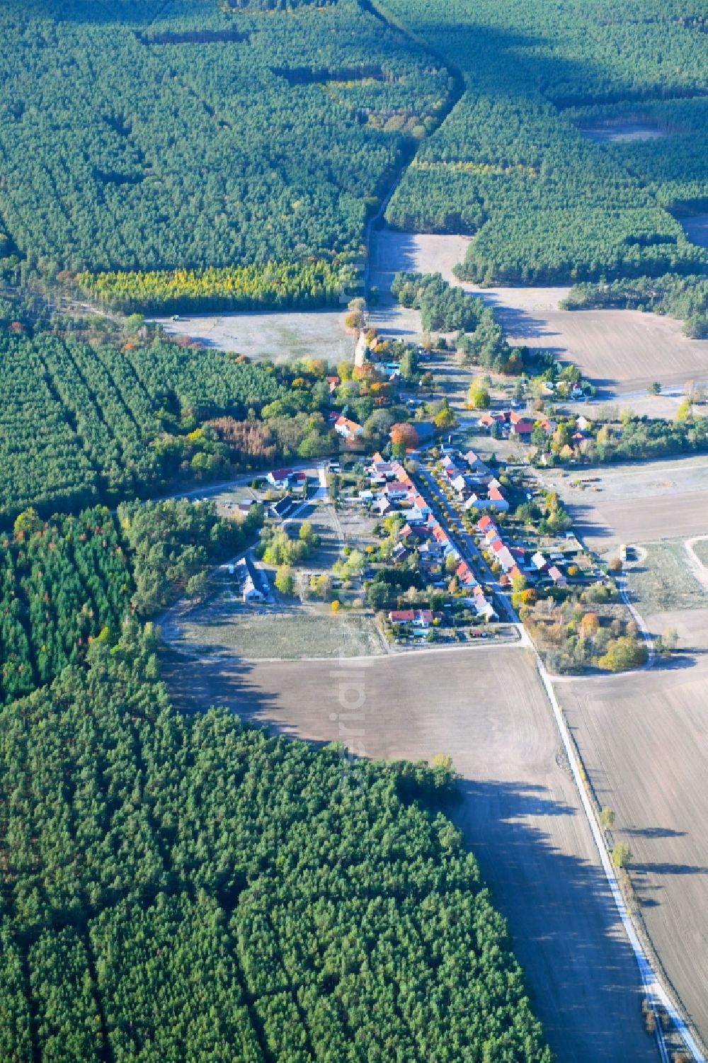 Lüdendorf from above - Village - view on the edge of agricultural fields and farmland in Luedendorf in the state Brandenburg, Germany