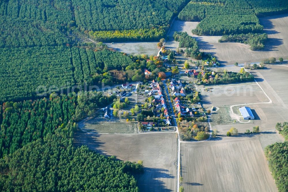 Lüdendorf from the bird's eye view: Village - view on the edge of agricultural fields and farmland in Luedendorf in the state Brandenburg, Germany