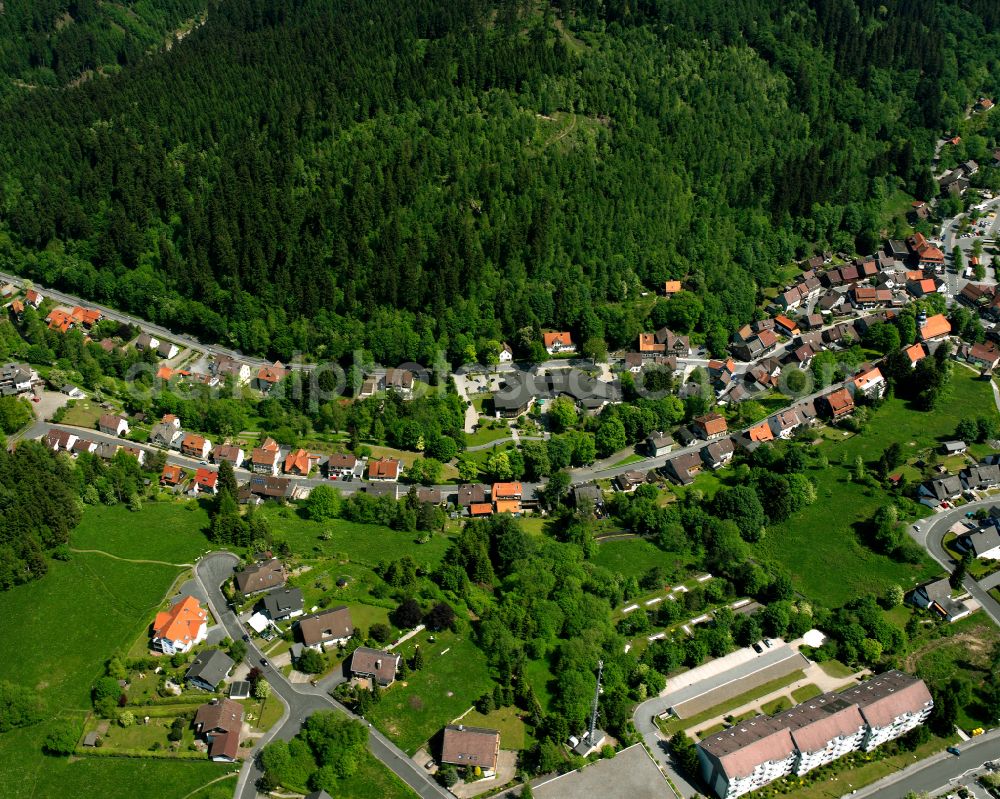 Altenau from above - Village - view on the edge of forested areas in Altenau in the state Lower Saxony, Germany