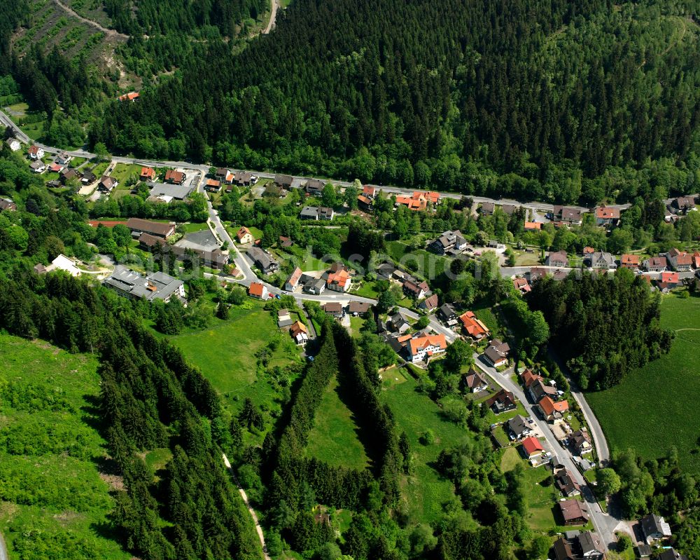 Altenau from the bird's eye view: Village - view on the edge of forested areas in Altenau in the state Lower Saxony, Germany