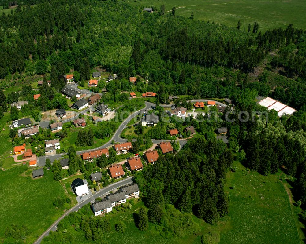 Altenau from the bird's eye view: Village - view on the edge of forested areas in Altenau in the state Lower Saxony, Germany