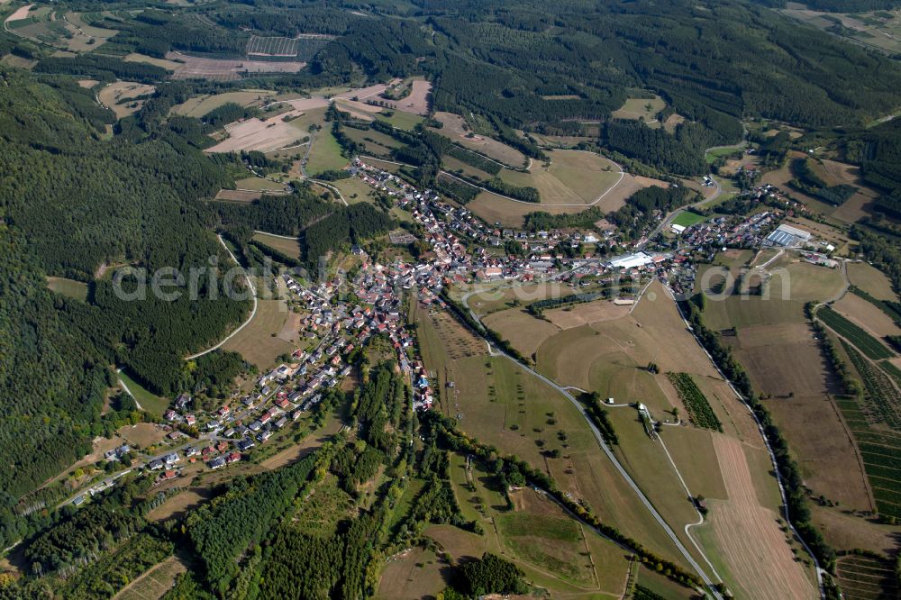 Aura im Sinngrund from above - Village - view on the edge of forested areas in Aura im Sinngrund in the state Bavaria, Germany