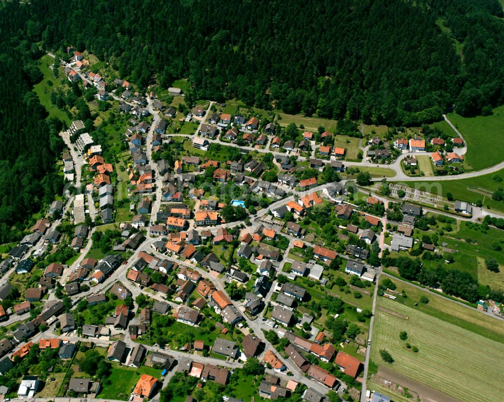 Bad Herrenalb from the bird's eye view: Village - view on the edge of forested areas in Bad Herrenalb in the state Baden-Wuerttemberg, Germany