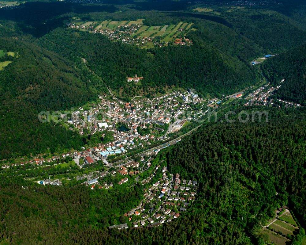 Aerial image Bad Liebenzell - Village - view on the edge of forested areas in Bad Liebenzell in the state Baden-Wuerttemberg, Germany