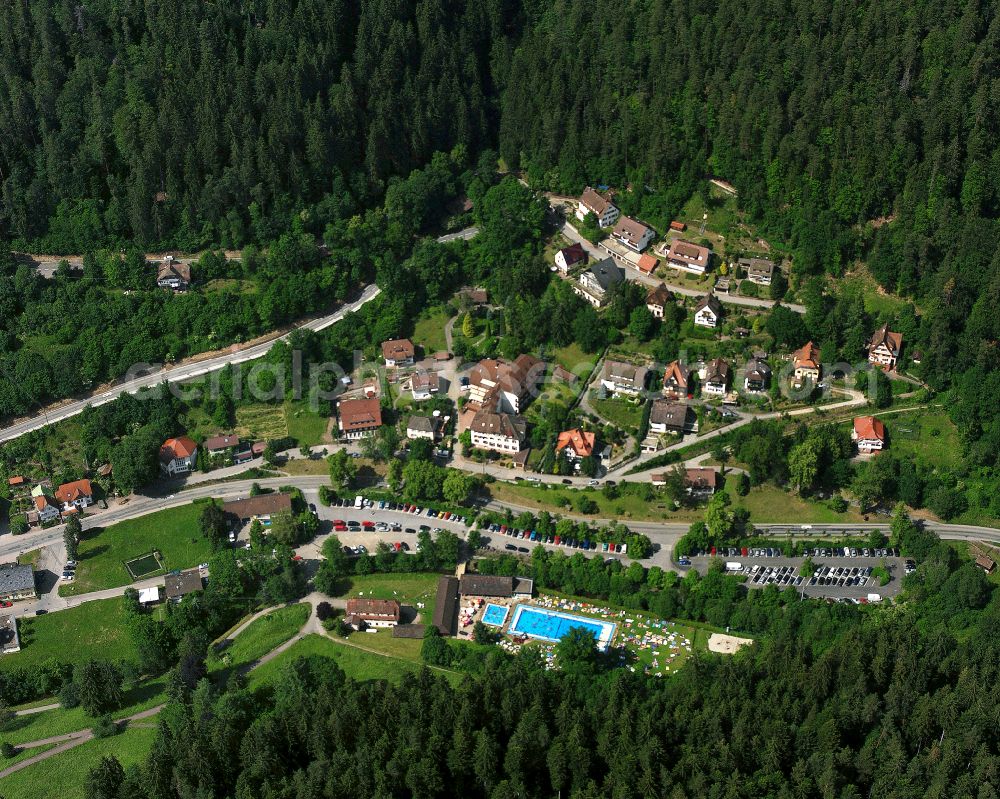 Bad Teinach from above - Village - view on the edge of forested areas in Bad Teinach in the state Baden-Wuerttemberg, Germany