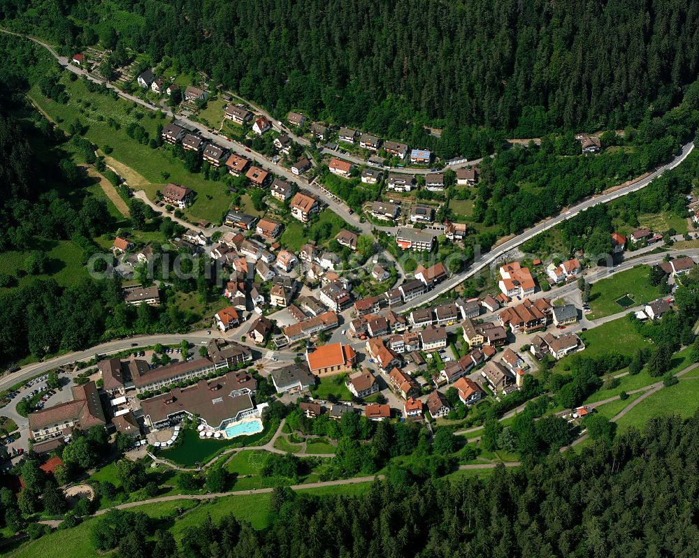 Bad Teinach from the bird's eye view: Village - view on the edge of forested areas in Bad Teinach in the state Baden-Wuerttemberg, Germany