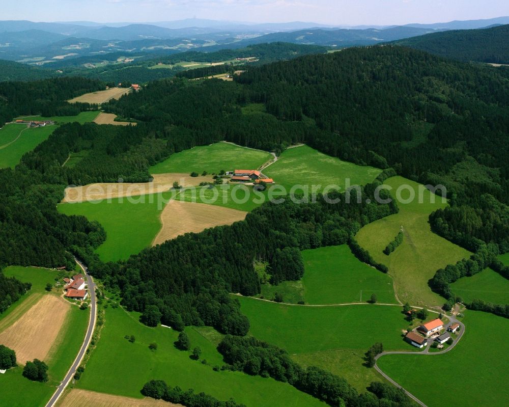 Bühlhof from the bird's eye view: Village - view on the edge of forested areas in Bühlhof in the state Bavaria, Germany