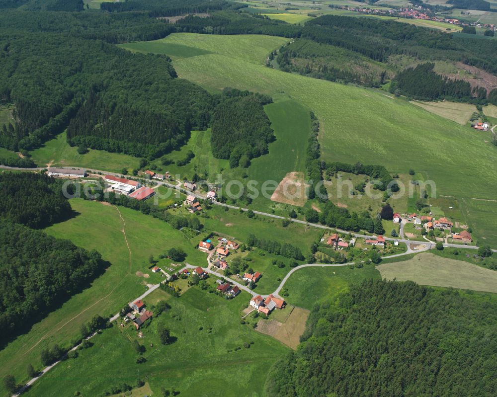 Weilrode from above - Village - view on the edge of forested areas in Bockelnhagen in the state Thuringia, Germany