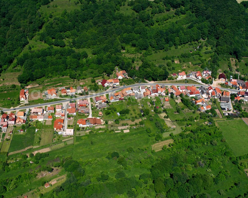 Aerial image Brehme - Village - view on the edge of forested areas on street Hauptstrasse in Brehme in the state Thuringia, Germany