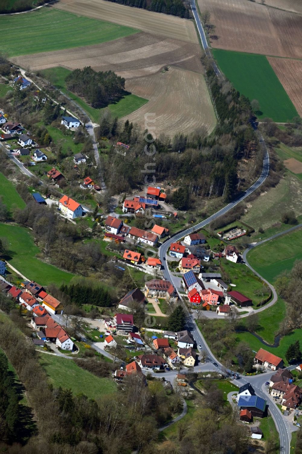 Burggrub from above - Village - view on the edge of forested areas in Burggrub in the state Bavaria, Germany