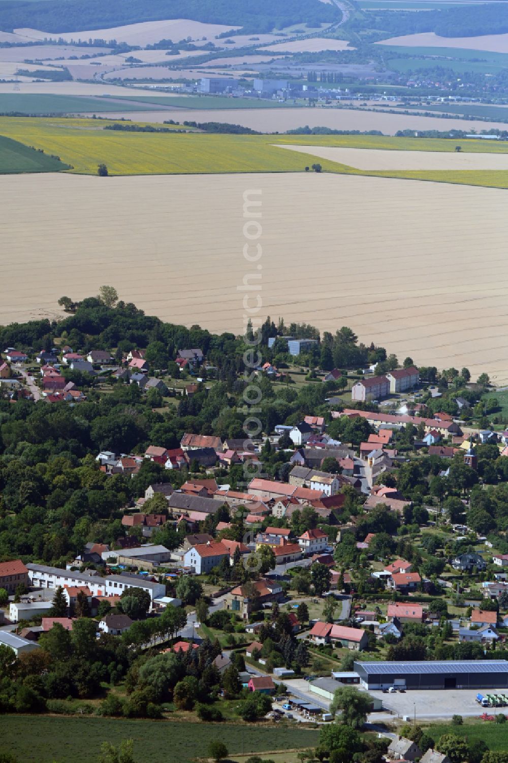 Dederstedt from above - Village - view on the edge of forested areas in Dederstedt in the state Saxony-Anhalt, Germany