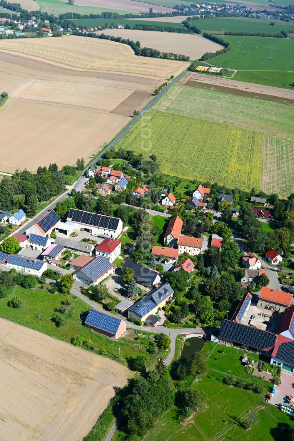 Drogen from the bird's eye view: Village - view on the edge of forested areas in Drogen in the state Thuringia, Germany