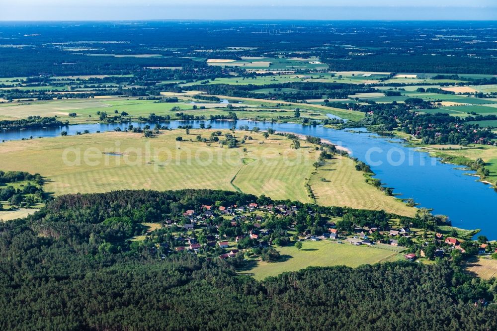 Rüterberg from above - Village - view on the edge of forested areas on shore of elbe river in Rueterberg in the state Mecklenburg - Western Pomerania, Germany