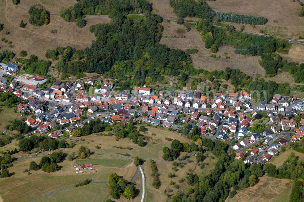 Frammersbach from above - Village - view on the edge of forested areas in Frammersbach in the state Bavaria, Germany