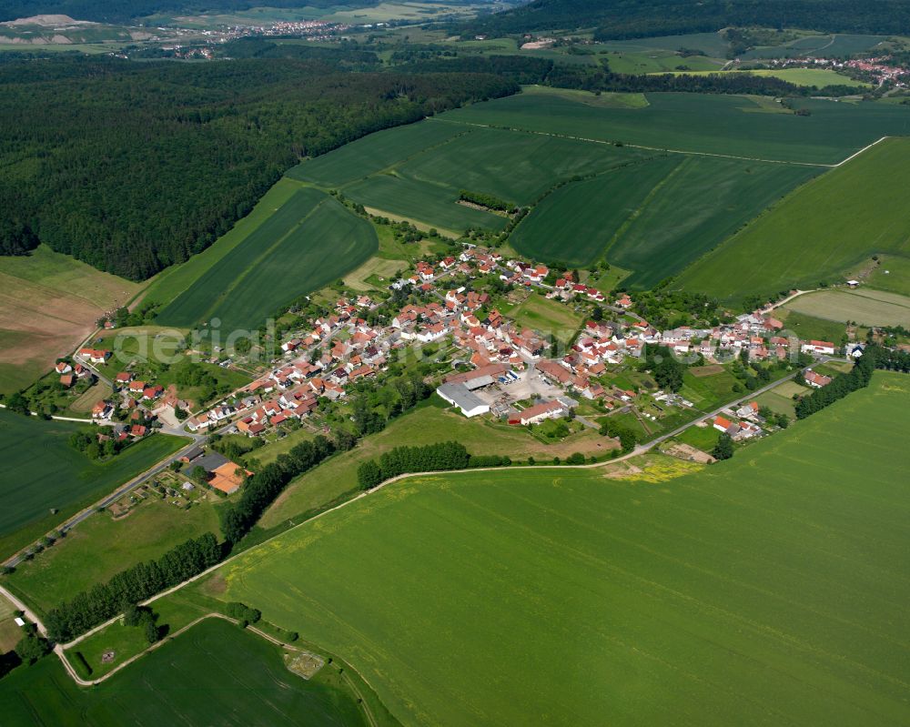 Gerterode from above - Village - view on the edge of forested areas in Gerterode in the state Thuringia, Germany