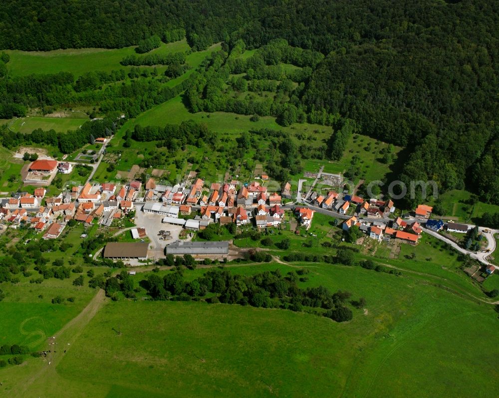 Hildebrandshausen from the bird's eye view: Village - view on the edge of forested areas in Hildebrandshausen in the state Thuringia, Germany