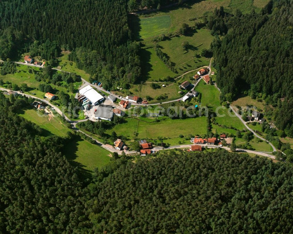 Hinterbach from the bird's eye view: Village - view on the edge of forested areas in Hinterbach in the state Hesse, Germany