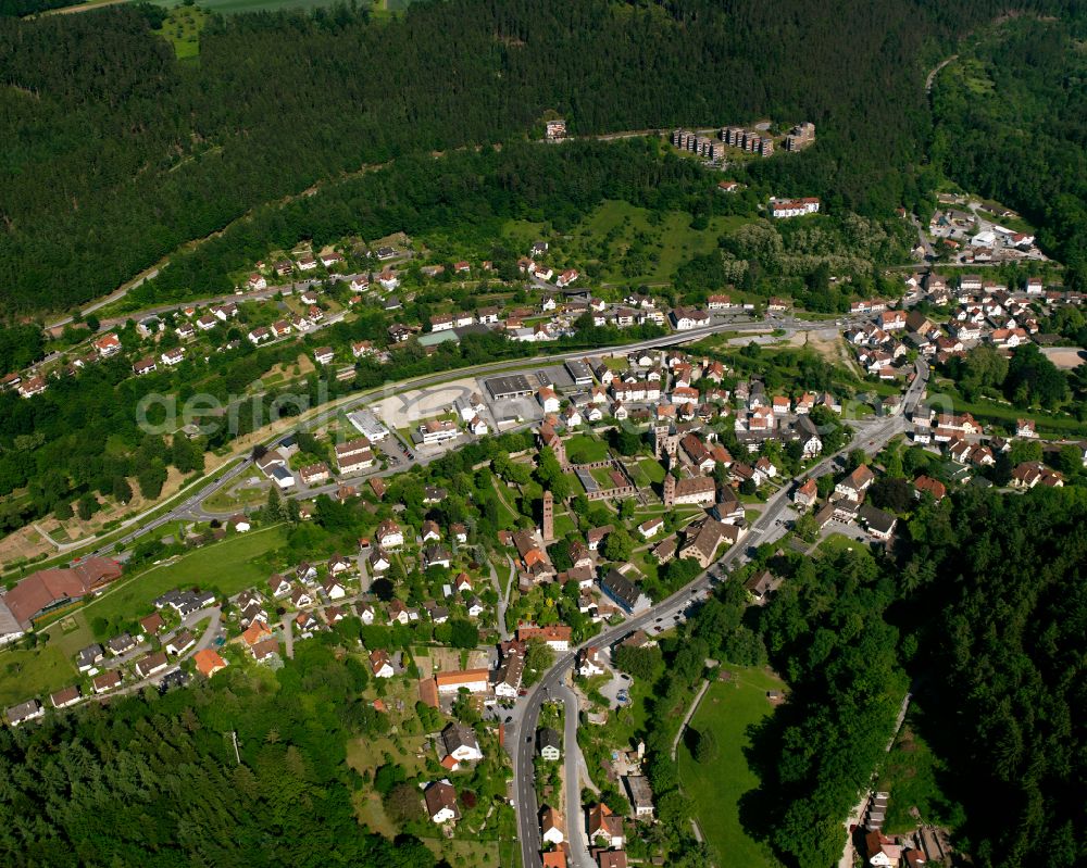 Hirsau from the bird's eye view: Village - view on the edge of forested areas in Hirsau in the state Baden-Wuerttemberg, Germany