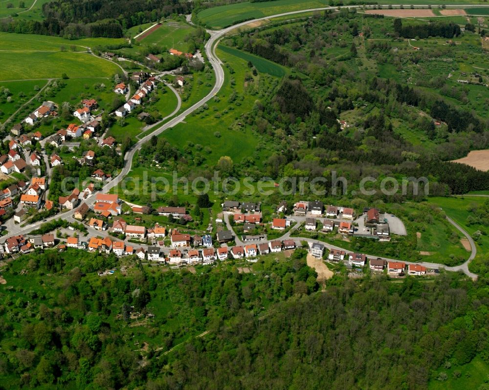 Hohenstaufen from above - Village - view on the edge of forested areas in Hohenstaufen in the state Baden-Wuerttemberg, Germany