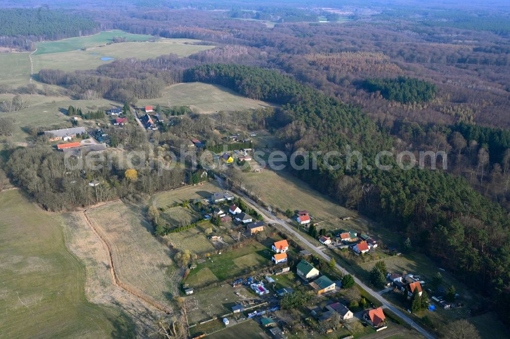 Hohenwalde from the bird's eye view: Village - view on the edge of forested areas in Hohenwalde in the state Brandenburg, Germany