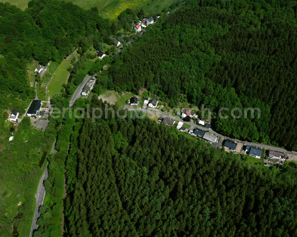 Hüttebruch from the bird's eye view: Village - view on the edge of forested areas in Hüttebruch in the state North Rhine-Westphalia, Germany