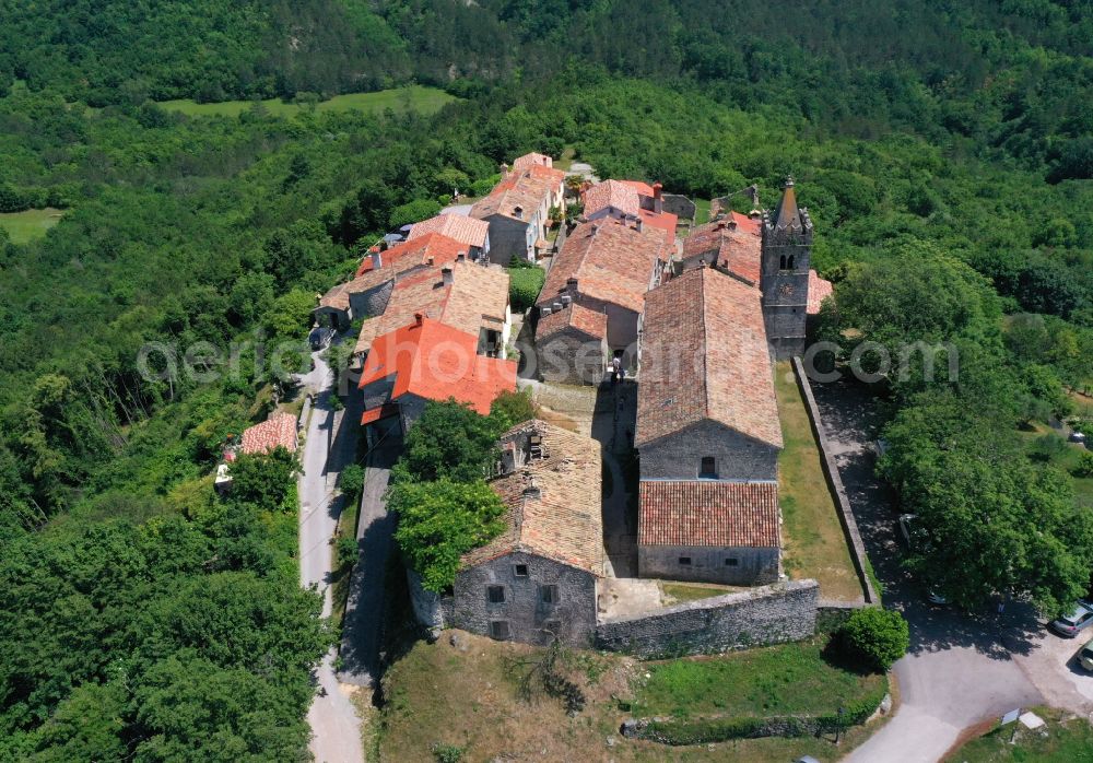 Aerial image Hum - Village - view on the edge of forested areas in Hum in Istrien - Istarska zupanija, Croatia