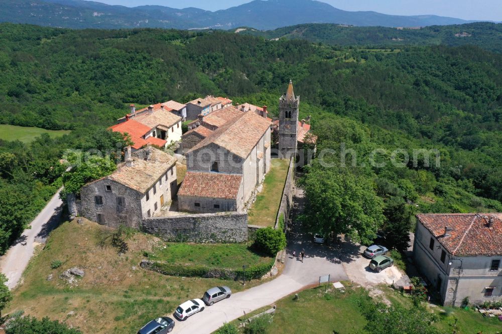 Aerial image Hum - Village - view on the edge of forested areas in Hum in Istrien - Istarska zupanija, Croatia