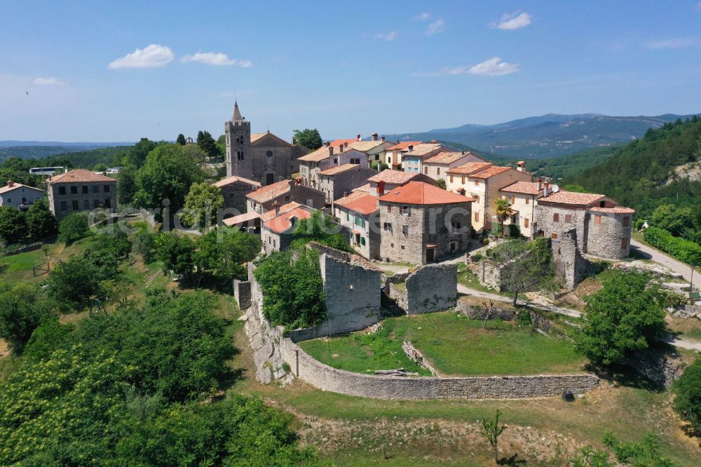 Aerial image Hum - Village - view on the edge of forested areas in Hum in Istrien - Istarska zupanija, Croatia