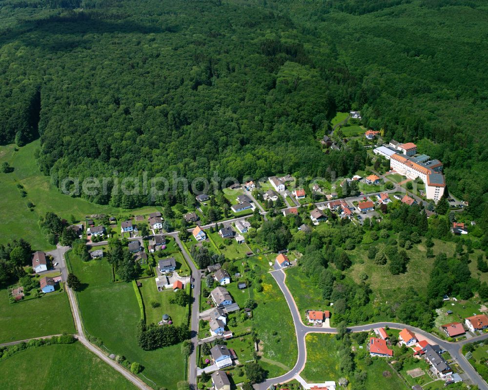 Ilbeshausen-Hochwaldhausen from the bird's eye view: Village - view on the edge of forested areas in Ilbeshausen-Hochwaldhausen in the state Hesse, Germany