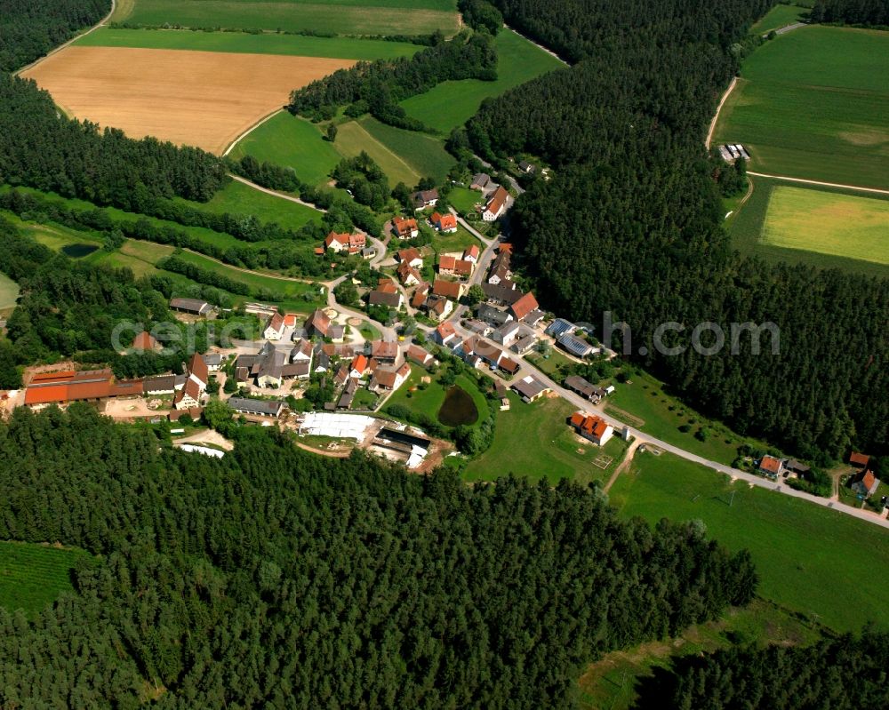 Ismannsdorf from the bird's eye view: Village - view on the edge of forested areas in Ismannsdorf in the state Bavaria, Germany