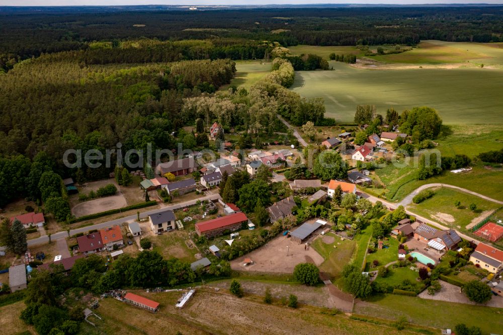 Klobbicke from the bird's eye view: Village - view on the edge of forested areas in Klobbicke in the state Brandenburg, Germany