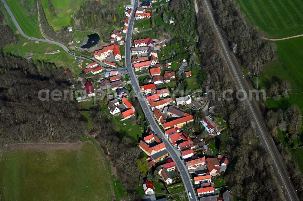 Aerial image Kraftsdorf - Village - view on the edge of forested areas in Kraftsdorf in the state Thuringia, Germany