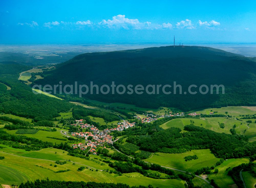 Aerial image Marienthal - Forest areas and woodland surround the settlement area of the village in Marienthal am Donnersberg in the state of Rhineland-Palatinate, Germany