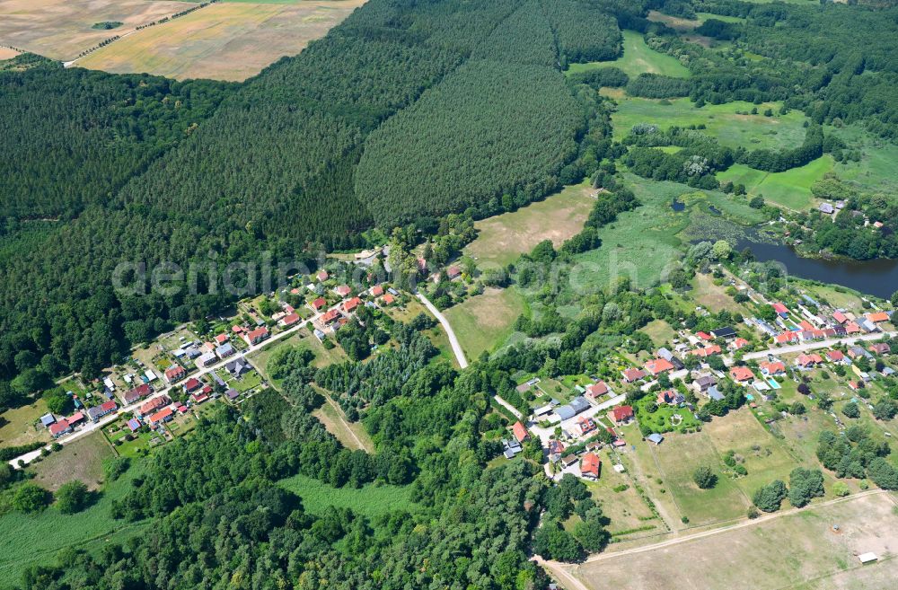 Mühl Rosin from the bird's eye view: Village - view on the edge of forested areas in Mühl Rosin in the state Mecklenburg - Western Pomerania, Germany