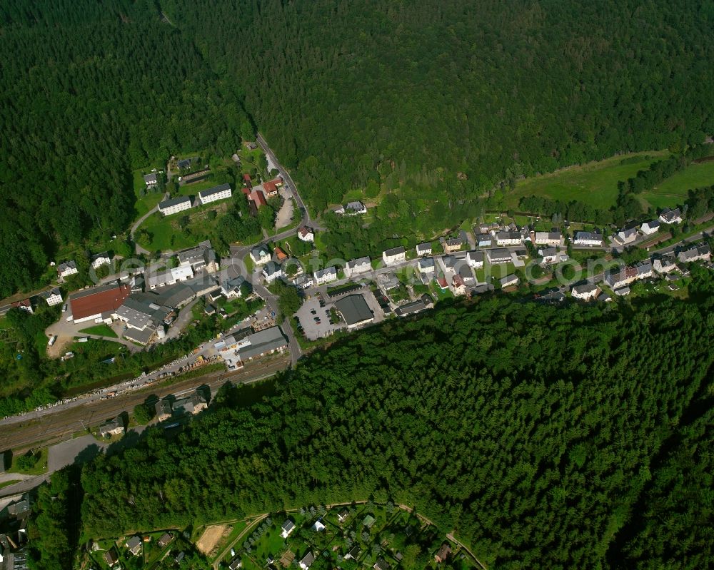 Neuclausnitz from the bird's eye view: Village - view on the edge of forested areas in Neuclausnitz in the state Saxony, Germany