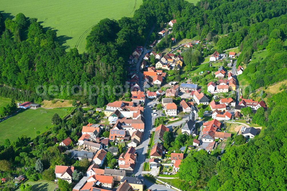 Niederkrossen from above - Village - view on the edge of forested areas in Niederkrossen in the state Thuringia, Germany