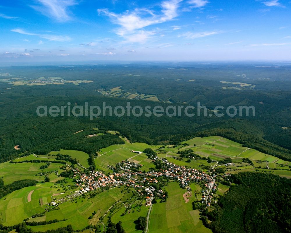 Oberzent from above - Village - view on the edge of forested areas in Oberzent in the state Hesse, Germany