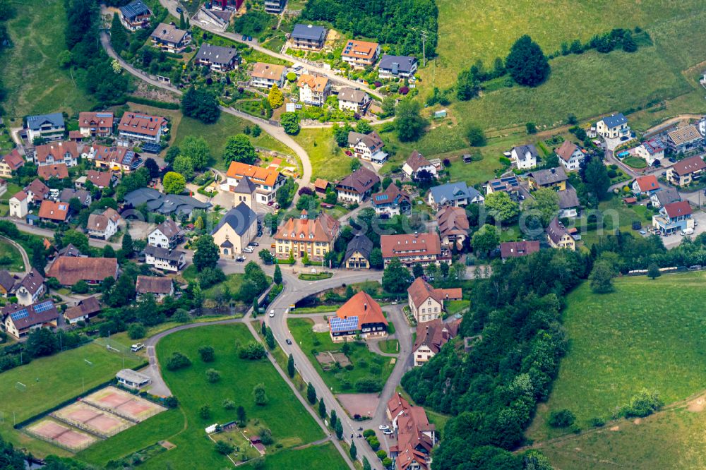 Oberwolfach from above - Village - view on the edge of forested areas in Oberwolfach in the state Baden-Wuerttemberg, Germany