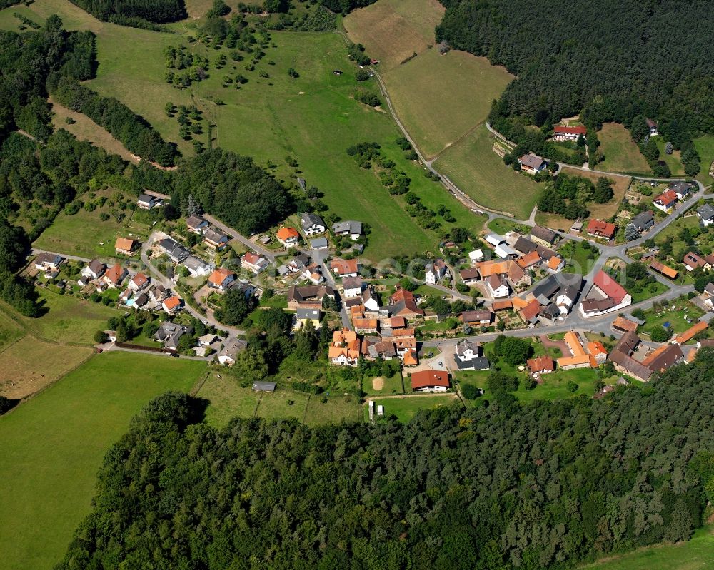 Pfirschbach from the bird's eye view: Village - view on the edge of forested areas in Pfirschbach in the state Hesse, Germany