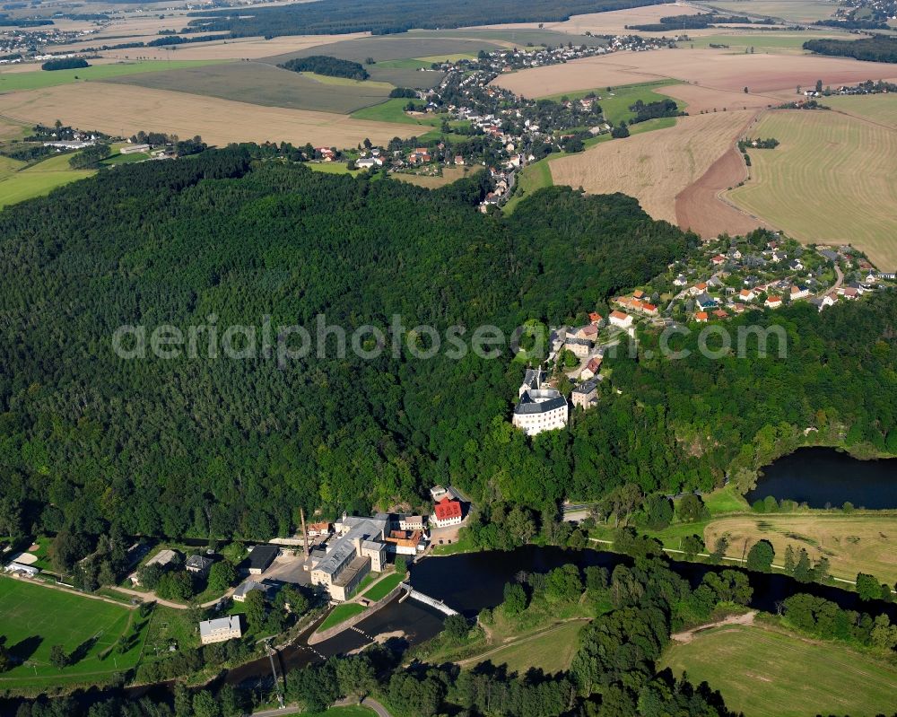 Sachsenburg from above - Village - view on the edge of forested areas in Sachsenburg in the state Saxony, Germany