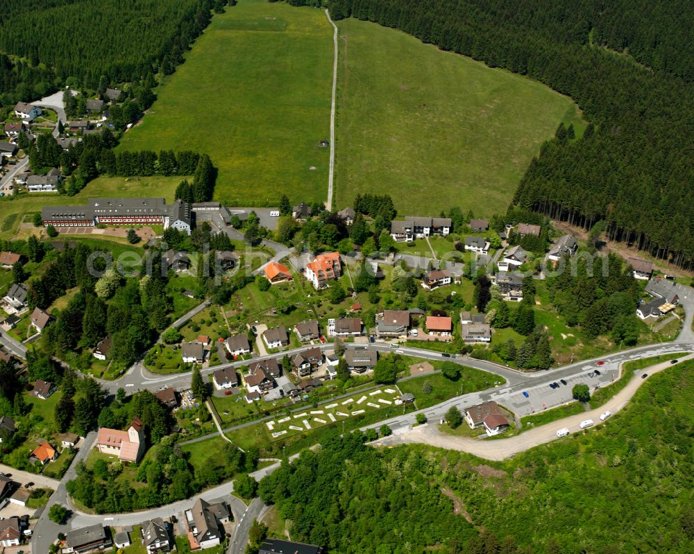 Schulenberg im Oberharz from the bird's eye view: Village - view on the edge of forested areas in Schulenberg im Oberharz in the state Lower Saxony, Germany