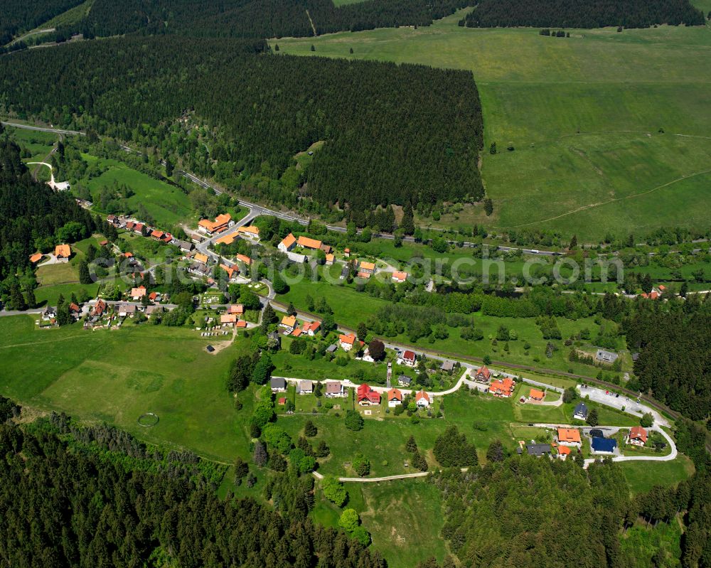 Sorge from above - Village - view on the edge of forested areas in Sorge in the state Saxony-Anhalt, Germany