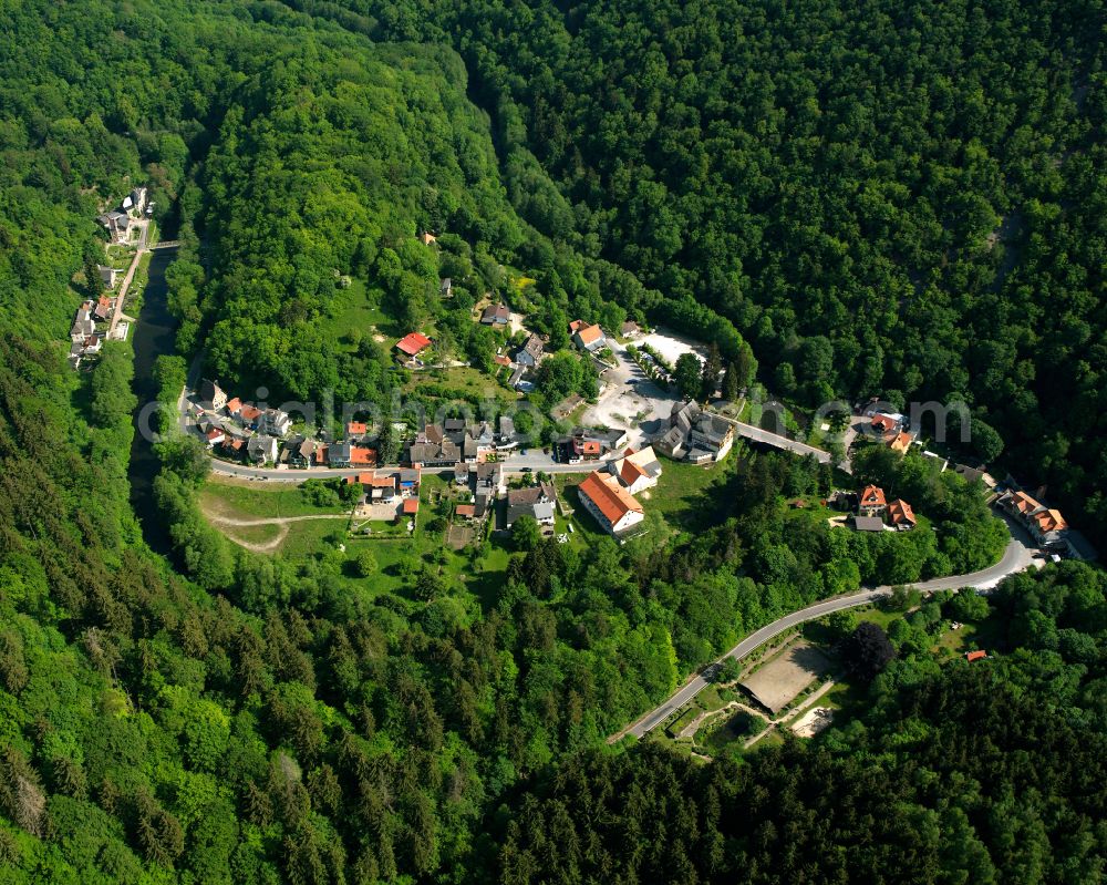 Treseburg from above - Village - view on the edge of forested areas in Treseburg in the state Saxony-Anhalt, Germany