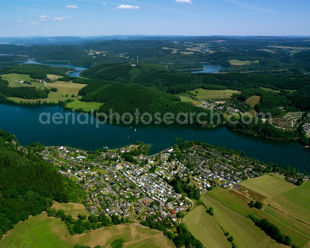 Valbert from above - Village - view on the edge of forested areas in Valbert in the state North Rhine-Westphalia, Germany