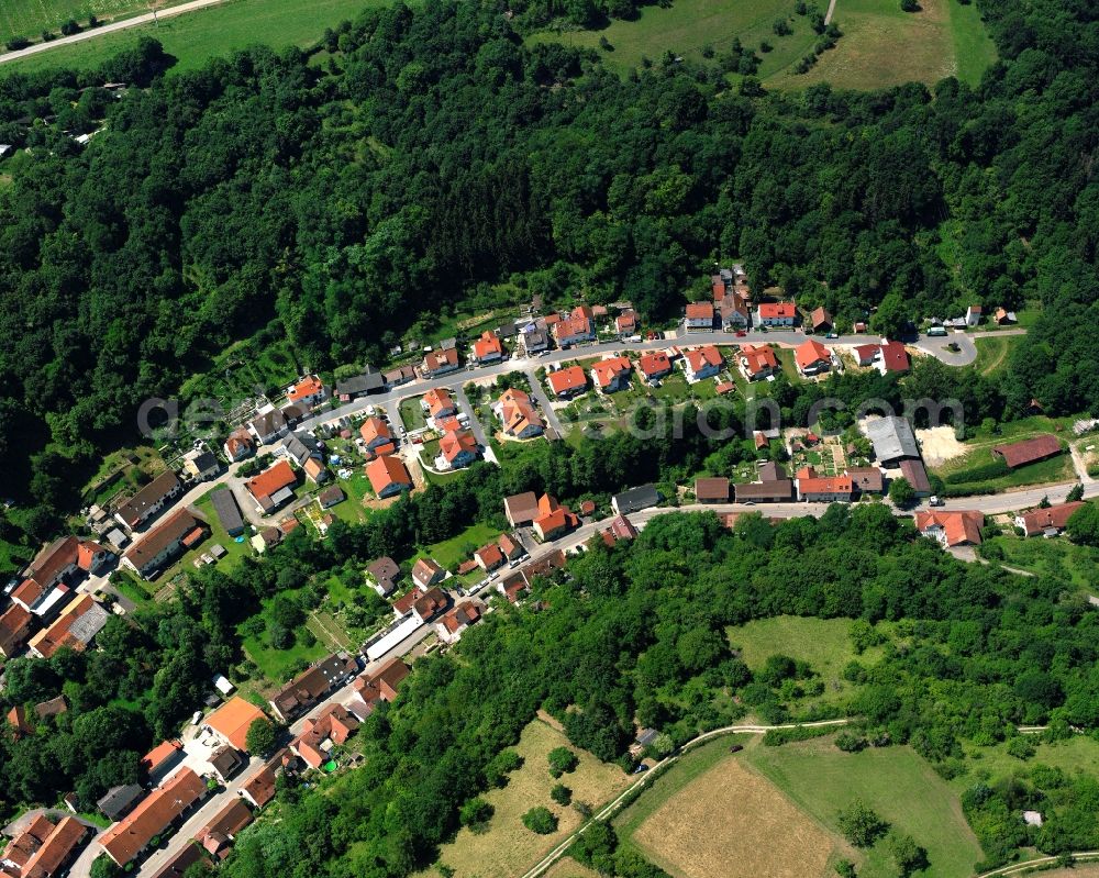 Widdern from above - Village - view on the edge of forested areas in Widdern in the state Baden-Wuerttemberg, Germany